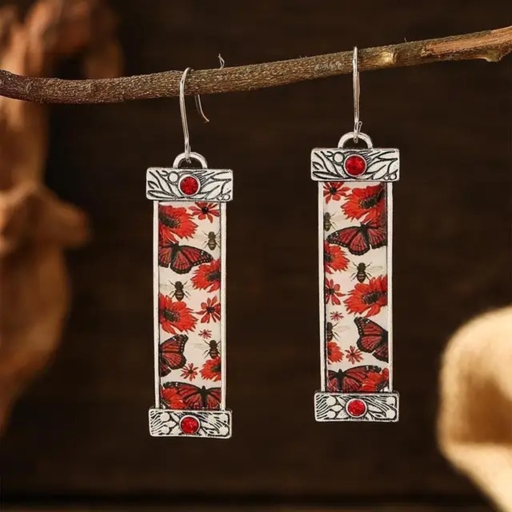 Artisan Red and Silver floral Butterfly Earrings